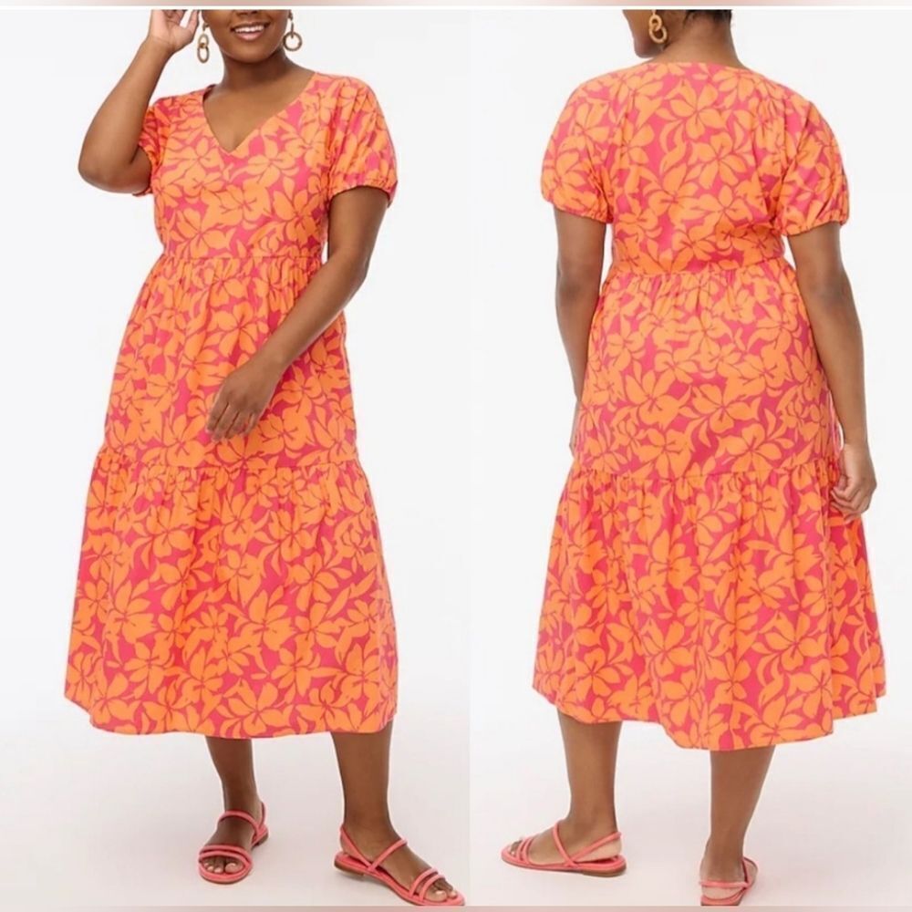 J.CREW Factory Women's Tiered midi dress with puff sleeves size 10
